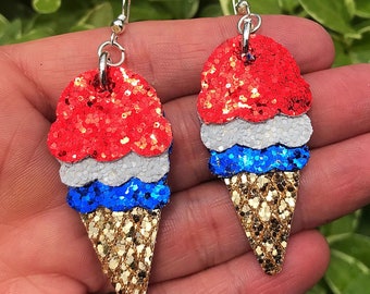 Patriotic 4th of July Red, White & Blue Ice Cream Glitter Faux Leather Earrings