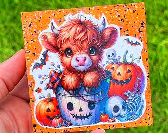 Halloween Highland Cow Mini Glitter Wood Sign Tiered Tray Decor