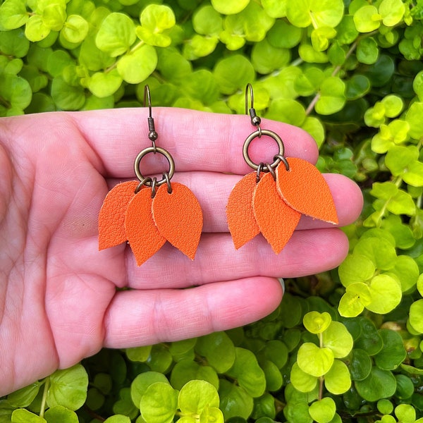 Orange Genuine Leather Dangle Drop Earrings