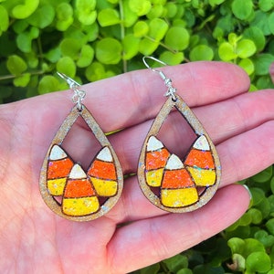 Halloween Candy Corn Glitter Teardrop Wood Earrings