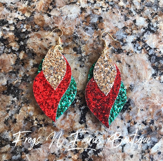 Christmas Red Green W Gold Glitter Triple Stacked Faux Leather