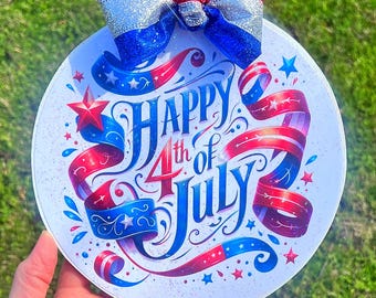 Happy 4th of July Round 8” Glitter Sign & Stand Decor