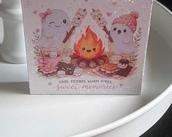 Smores Ghosts Camping Mini Glitter Wood Sign Tiered Tray Decor