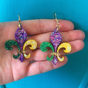 Mardi Gras Fleur de Lis Wood Glitter Earrings image 3