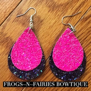 Pink & Black Glitter Faux Leather Teardrop Earrings
