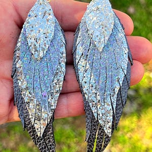 Gray Genuine Leather & Silver w Gray Glitter Dangle Faux Leather Earrings