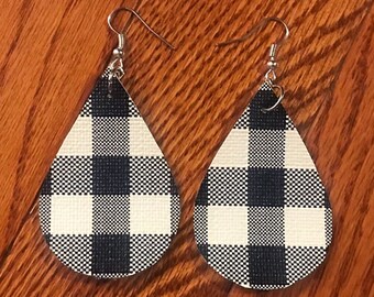 Buffalo Plaid Faux Leather Teardrop Earrings