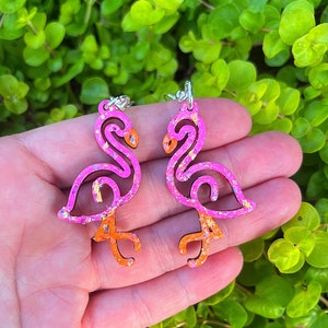Summer Pink Flamingos Glitter Wood Earrings