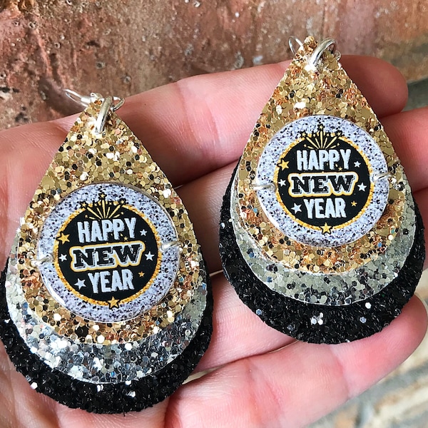 Happy New Year Glitter Triple Stacked Faux Earrings