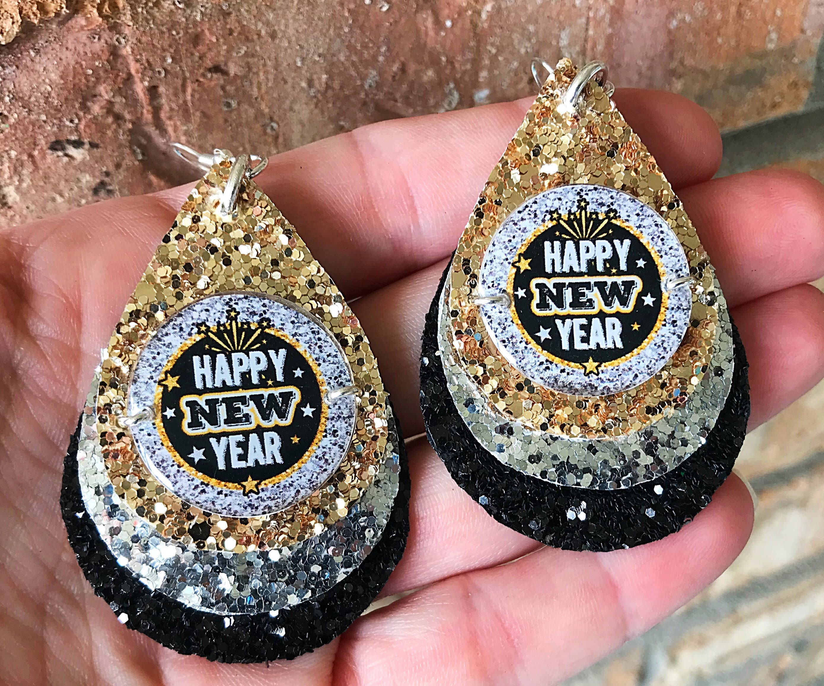 Happy New Year Glitter Triple Stacked Faux Earrings Etsy