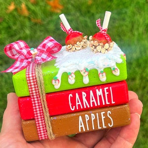 May include: A stack of three wooden blocks decorated with red, green, and brown paint. The top block features two caramel apples with white frosting and sprinkles. The middle block says "CARAMEL" in white lettering. The bottom block says "APPLES" in white lettering. The blocks are tied together with a red and white gingham ribbon and twine.