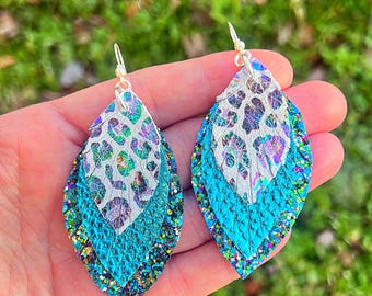 Metallic Aqua & Iridescent White Leopard Triple Stack Glitter Faux Leather Fringe Earrings