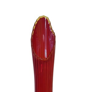 May include: A tall, slender red glass vase with a fluted design. The vase has a flared opening with a gold rim and a rounded base. The vase is approximately 12 inches tall, perfect for displaying flowers.