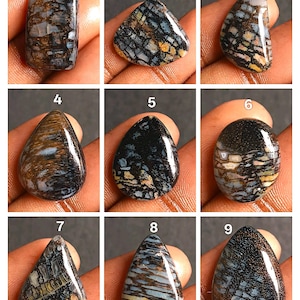 Op de afbeelding: Negen gepolijste edelstenen met unieke patronen en kleuren. De stenen variëren in vorm, waaronder rechthoekig, driehoekig en druppelvormig. Kleuren zijn zwart, bruin, blauw en geel, met ingewikkelde adering en texturen. Elke steen wordt in een hand gehouden.