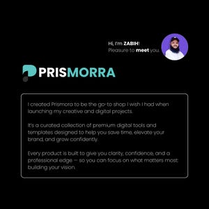 May include: Black graphic with the teal word "PRISMORRA" and the text "Hi, I'm ZABIH! Pleasure to meet you." A white box contains text about digital tools and templates.