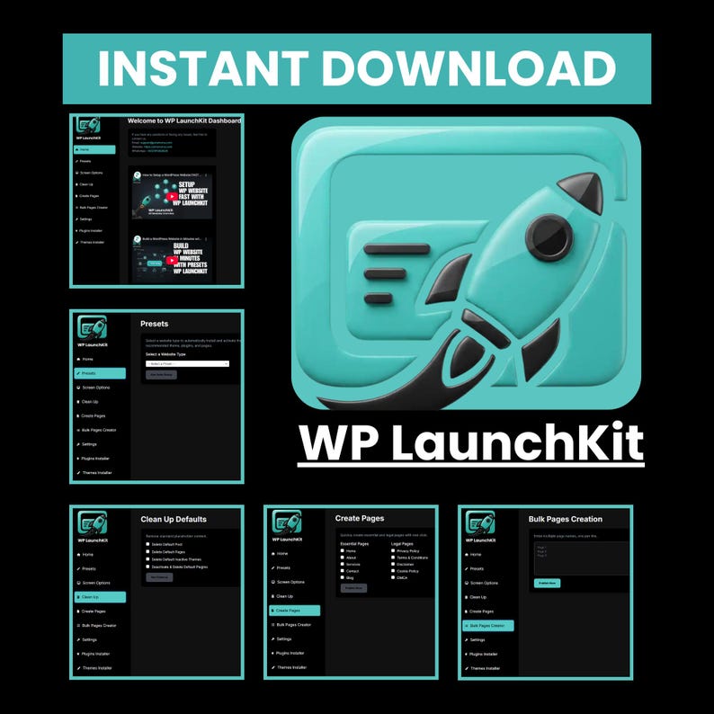 May include: A teal and black graphic with the words "INSTANT DOWNLOAD" at the top. The image features a rocket ship icon and the text "WP LaunchKit". Several screenshots of a website interface are also included.