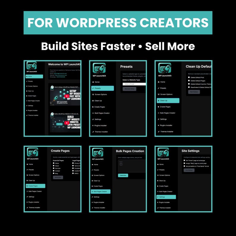 May include: A promotional image for WP LaunchKit, a WordPress tool. The image features a black background with text that reads "FOR WORDPRESS CREATORS" and "Build Sites Faster &bull; Sell More." Several screenshots of the tool's interface are displayed.