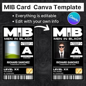 以下が含まれることがあります： 編集可能なフィールドを備えた黒いMIBカードCanvaテンプレート。カードには「MIB Men in Black」というテキスト、写真のプレースホルダー、および「Special Agent A」というテキストが表示されます。バーコードとスマートカードチップが含まれています。