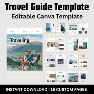 Op de afbeelding: Een digitaal sjabloon voor een reisgids met de tekst "Travel Guide Template" en "Editable Canva Template". De omslag toont "Traveling Guide Book". Het bevat 16 aanpasbare pagina's met diverse reisinformatie.