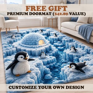 3D Penguin Igloo Arctic Ice Area Rug, Baby Penguin Snow Runner Rug, Ice World Kitchen Mat, Polar Fun Doormat, Winter Arctic Home Decor