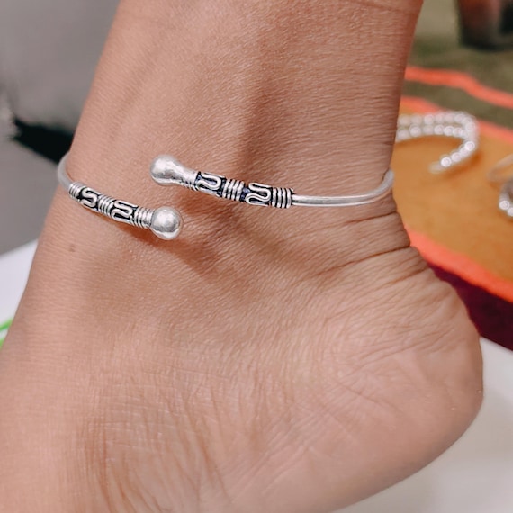 Silver Kada Anklet for Women, Handmade Rajasthani Traditional Leg Anklet, Sterling Silver Feet Anklet, Adjustable Plain Silver ,Gift for Her