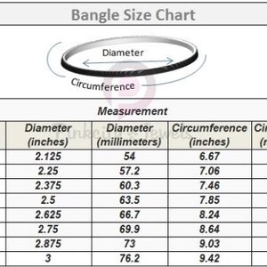 K&ouml;nnte beinhalten: Eine Armreif-Gr&ouml;&szlig;entabelle mit einer Abbildung eines Armreifs, bei dem Durchmesser und Umfang markiert sind. Darunter befindet sich eine Tabelle mit Standardgr&ouml;&szlig;en von 2/2 bis 3, inklusive der Ma&szlig;e in Zoll und Millimetern f&uuml;r Durchmesser und Umfang.