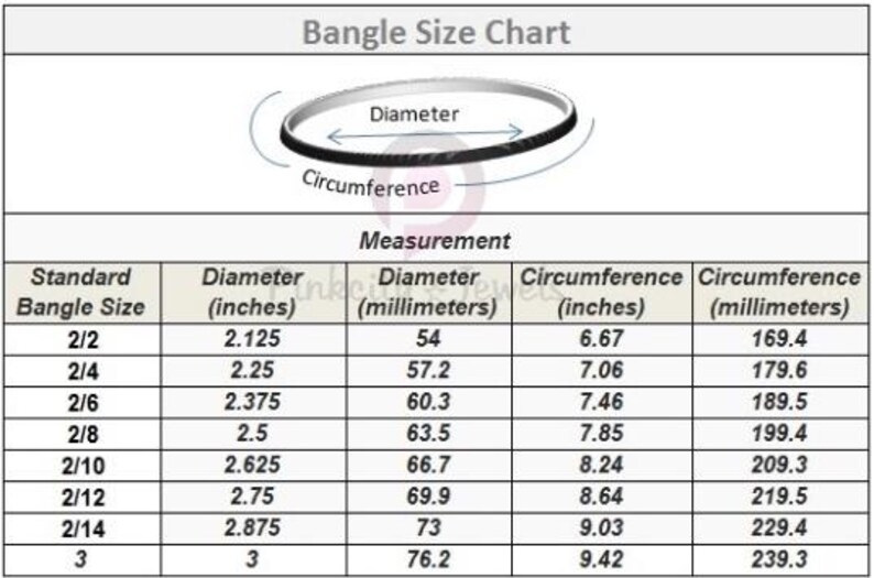K&ouml;nnte beinhalten: Eine Armreif-Gr&ouml;&szlig;entabelle mit einer Abbildung eines Armreifs, bei dem Durchmesser und Umfang markiert sind. Darunter befindet sich eine Tabelle mit Standardgr&ouml;&szlig;en von 2/2 bis 3, inklusive der Ma&szlig;e in Zoll und Millimetern f&uuml;r Durchmesser und Umfang.