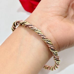 Könnte beinhalten: Ein verdrehtes Metallarmband in Gold-, Roségold- und Silbertönen. Das Armband wird am Handgelenk getragen, mit einer roten Blume im Hintergrund. Das Design des Armbands weist eine seilartige Textur auf und ist ca. 6 cm im Durchmesser.
