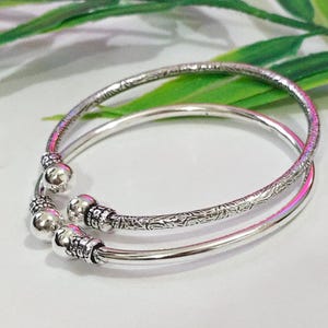 925 Sterling Silver Ball Bracelets Set of 2, Adjustable Open Cuff Bangle New Designer Handmade Minimalist Bangle, Silver Jewelry,For Women's