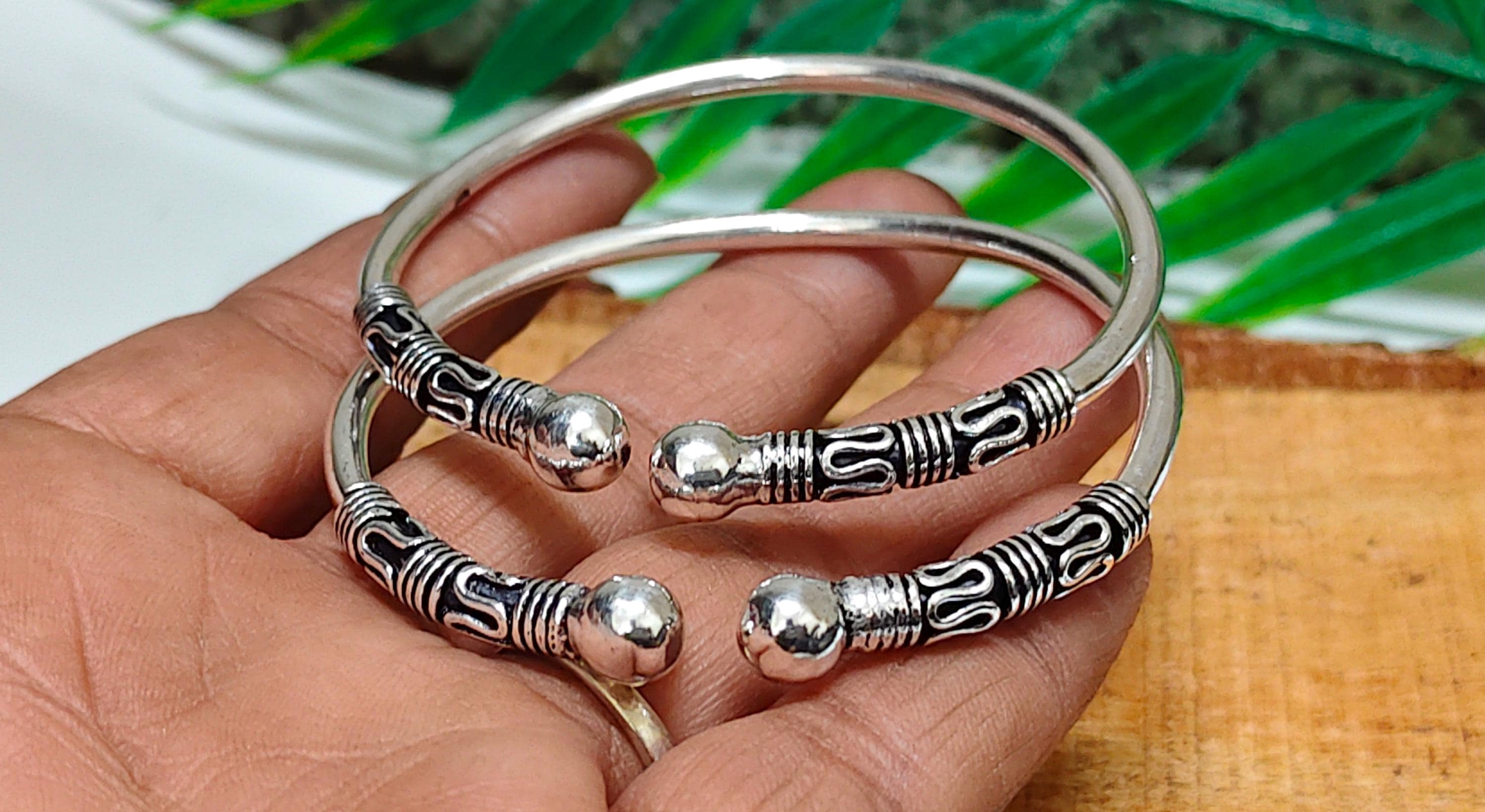 Set of 2 Bali Ball Cuff Bracelet, Handmade Adjustable Silver