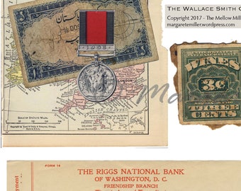 May include: A vintage collection of ephemera including a map of Great Britain, a bank note, a postage stamp, a transit receipt, a bank note, a roll of film, and a vintage postcard. The postcard features a red, white, and blue butterfly design and the text "The Wallace Smith Collection Printable Digital Images".