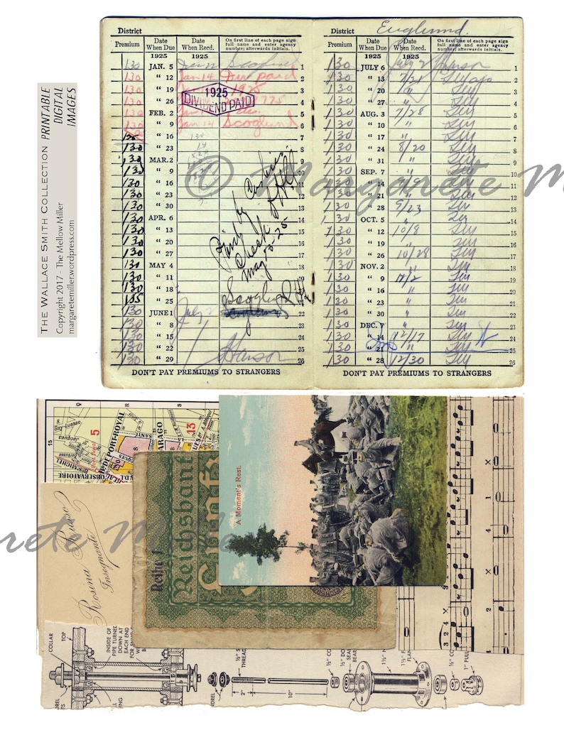 May include: A vintage insurance premium record book with handwritten entries and dates from 1925. The book has a yellowed paper cover with a blue and white border. The text "Don't Pay Premiums to Strangers" is printed at the bottom of the page.