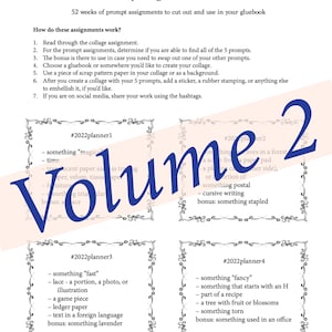 Op de afbeelding: Een collageblad met wekelijkse prompts voor een creatief project. Het blad is verdeeld in vier secties, elk met een ander thema en een lijst met prompts. De thema's zijn "magie", "snel", "fancy" en "kantoor".