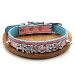 May include: Pink and light blue dog collar with the word "PRINCESS" spelled out in silver letters with rhinestones. The collar has silver spikes and a silver buckle. The collar is on a wooden surface.