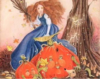 Faery Witch & Pumpkins_ Original fairy fantasy autumn painting