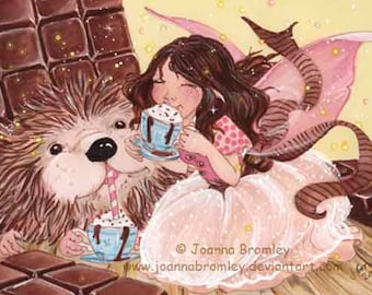 Chocolate Prickles - ca. 4x6 inch (10x15cm) postcard sized Whimsical fairy hedgehog choclate sweet marker illustration