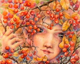 Berried in Red- signed archival fairy fantasy autumn berry print