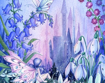 Twilight Fairy Castle - fairytale fantasy snowdrop bluebell moonflower childrens girls room illustration, 8x10 archival print