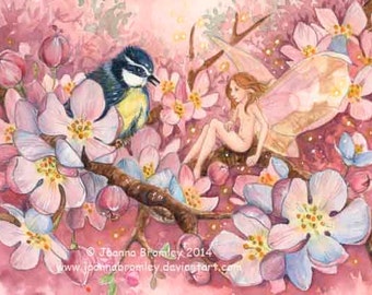 Sprig & Blossom- 4x6 inch (10x15cm)  Whimsical apple blossom fairy bird fantasy watercolour illustration