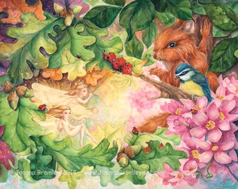 Spring Calling- whimsical childrens nursery fairy fantasy animal wild life woodland illustration