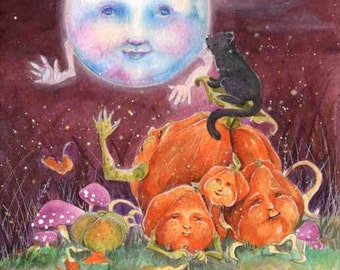 Moonlight Magic -5x7 or 4x6(10 x 15cm) archival print-whimsical halloween autumn magical woodland fairytale childrens illustration