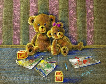 A Little Rest- 5x7 5x5(13x13cm), 4x6 4x6( 10 x 15cm ) whimsical childrens pink blue nursery teddy bear wall art illustration