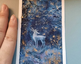 Winter Stag_ original ink and gold wildlife illustration