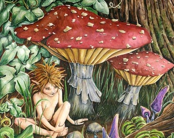 Under the Toadstoole- signed archival print- whimsical woodland elf Fantasy  illustration Art by Joanna Bromley