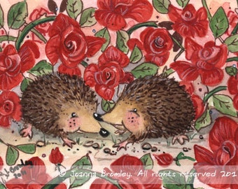 ACEO Hedgehog's Valentine, 3.5x2.5", Limited Edition Print, whimsical hedgehog fantasy animal love art