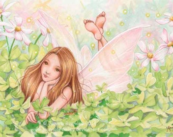 Four Leaf Clover Fairy- 5x7 or 4x6( 10 x 15cm )archival whimsical St Patricks fairy elf  clover Spring Easter fantasy illustration