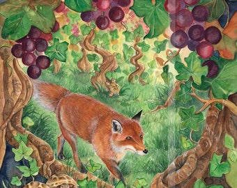 The Fox & the Grapes - Aespos Fables- watercolor illustration 8x10, archival print