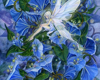 Evening Glory - Whimisical flower fairy fantasy nature painting illustration, 8x10 A4 archival print