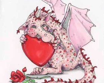 Kissy Dragon - 5x7/4x6( 10 x 15cm )archival whimsical print dragon heart love fantasy illustration