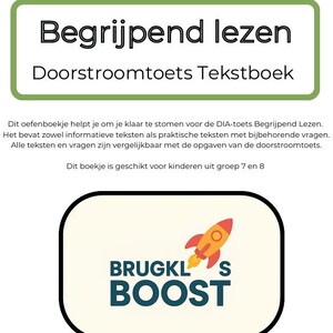 Puede incluir: Portada de libro de texto con el título "Begrijpend lezen" en un recuadro verde. Debajo, se lee "Doorstroomtoets Tekstboek". Un gráfico de cohete de dibujos animados con el texto "BRUGKL'S BOOST".